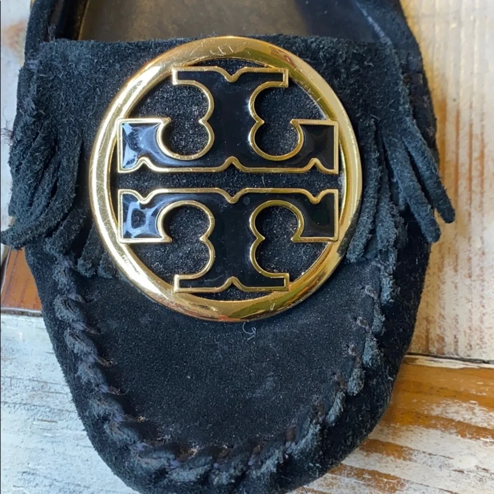 Tory Burch Black Gold Logo Suede Leather Loafer Shoes Size 6.5